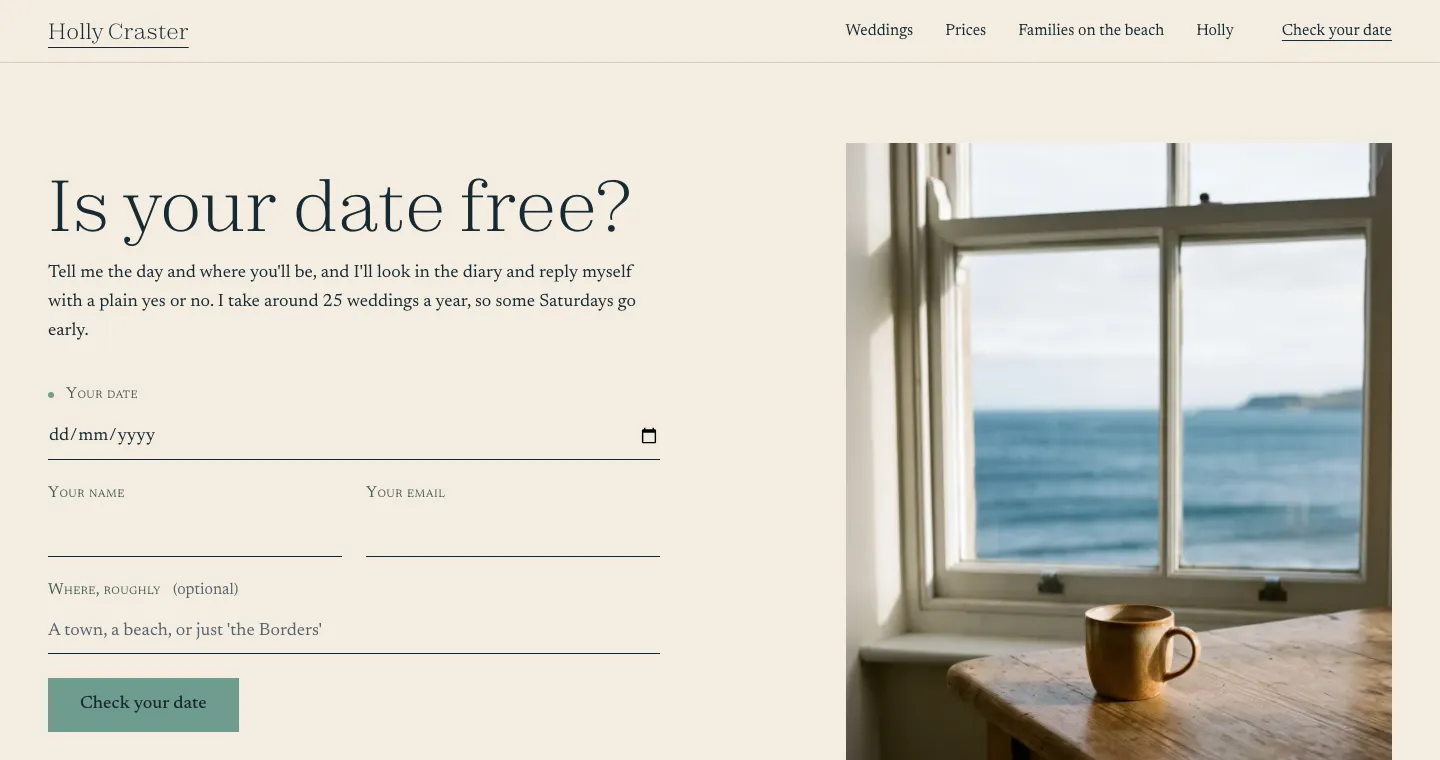 The example date form: a date, a name, an email, and an optional place, beside a window and a mug.
