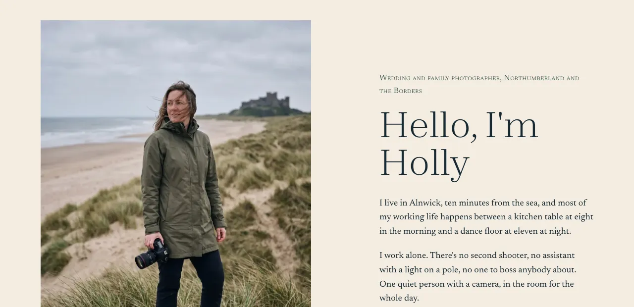 The example's about page: one photographer on a dune with a camera, and a short note that she works alone.