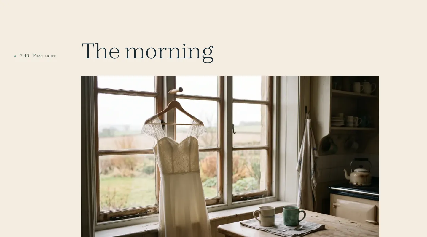 The example site's morning chapter: a dress on a peg in a kitchen window, labelled 7.40, first light.