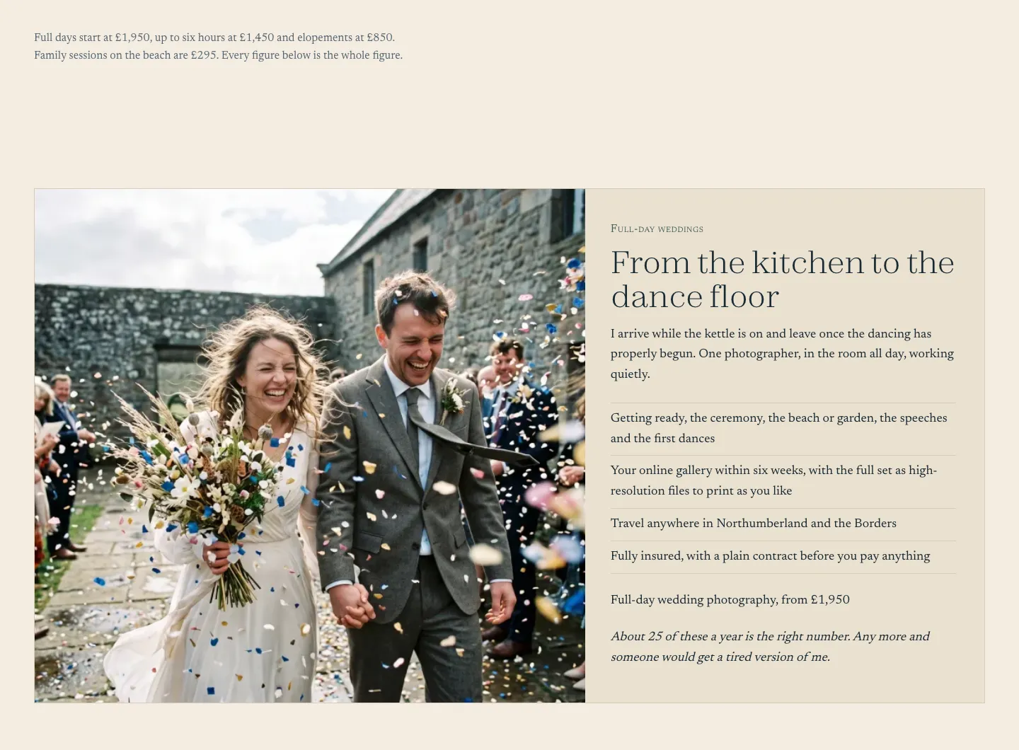 The example prices page: full day from £1,950, up to six hours from £1,450, elopements from £850, and a family hour at £295, beside a couple leaving under confetti.