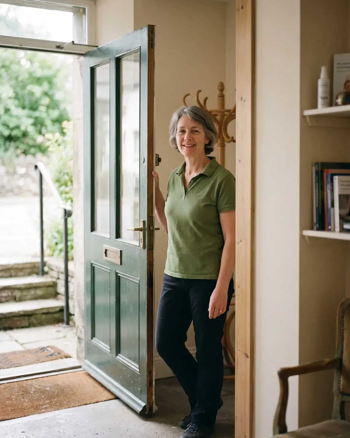 Jo, physiotherapist, standing inside the open clinic door with a hand on the frame, the stone doorway and car park behind her.