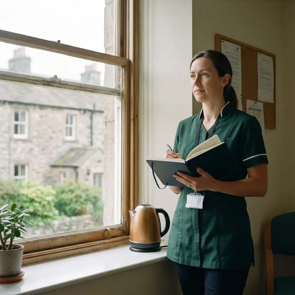 Helen, physiotherapist, by the window with her notebook, mid-sentence.