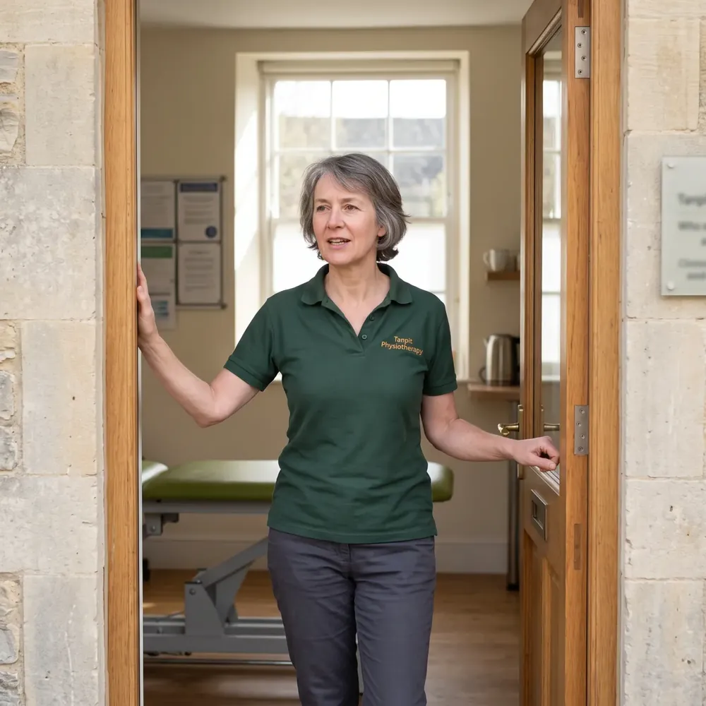 Jo, physiotherapist, at the studio doorway with a hand on the frame.