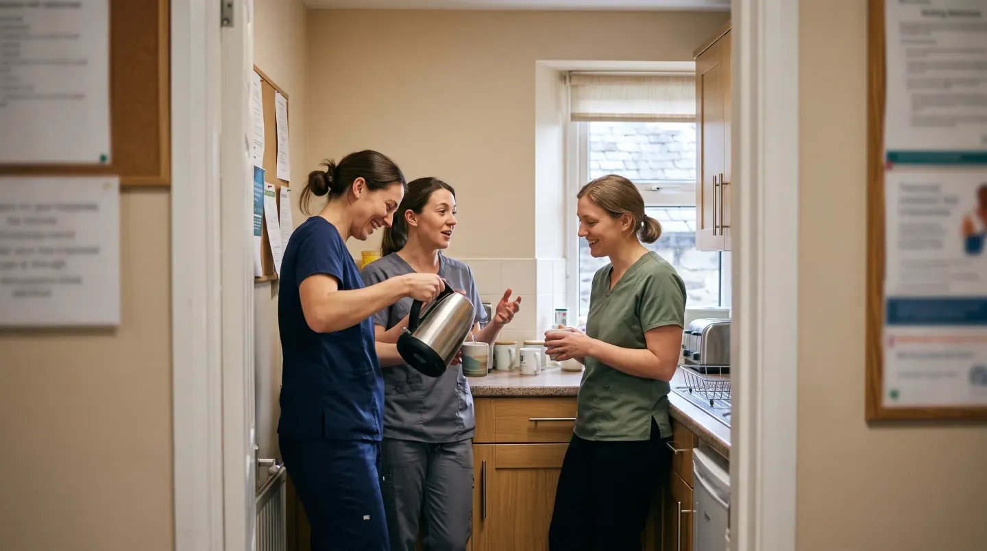 The three physiotherapists of the example site in a small kitchen between patients, one pouring from a kettle.