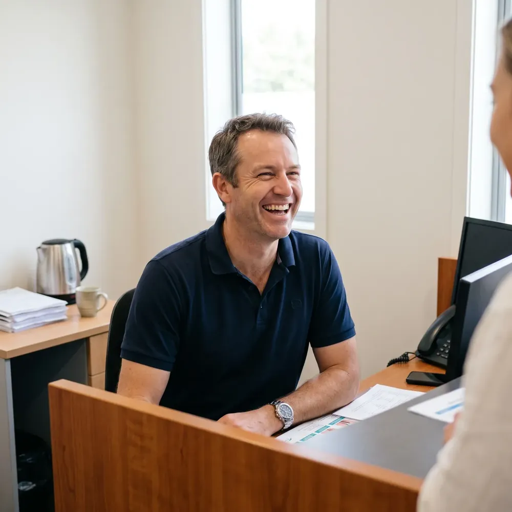 Sam, physiotherapist, mid-laugh at the reception desk.