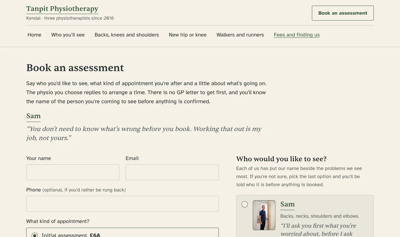 Top of the booking page: Book an assessment. There is no GP letter to get first. The form starts with your name, and the choice of physio begins with Sam.