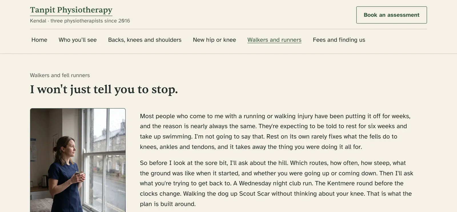 Top of Helen’s page for walkers and fell runners. The headline is I won’t just tell you to stop. Helen is at the window.