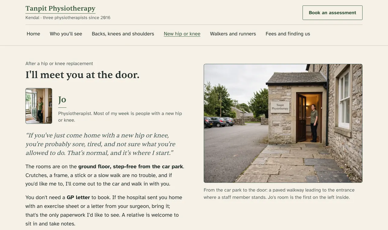 The new hip or knee page: I’ll meet you at the door. Jo at the entrance, with the line that the rooms are on the ground floor, step-free from the car park, and that you don’t need a GP letter to book.