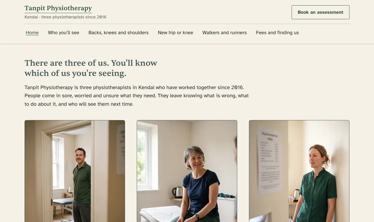 Top of the example home page: Tanpit Physiotherapy, Kendal, three physiotherapists since 2016, the six-page navigation, and the start of the portraits of Sam, Jo and Helen.