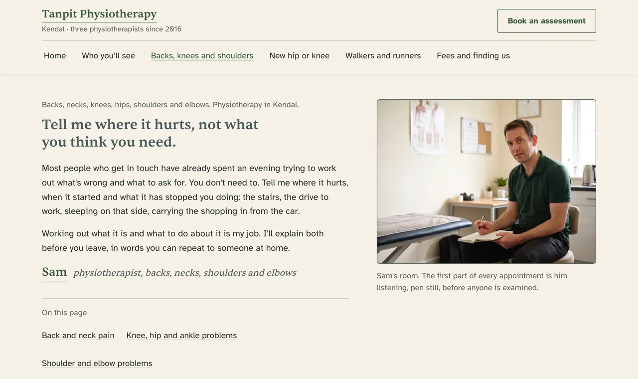 The problems page: Tell me where it hurts, not what you think you need. Sam in his room, and links for back and neck, knee hip and ankle, and shoulder and elbow.