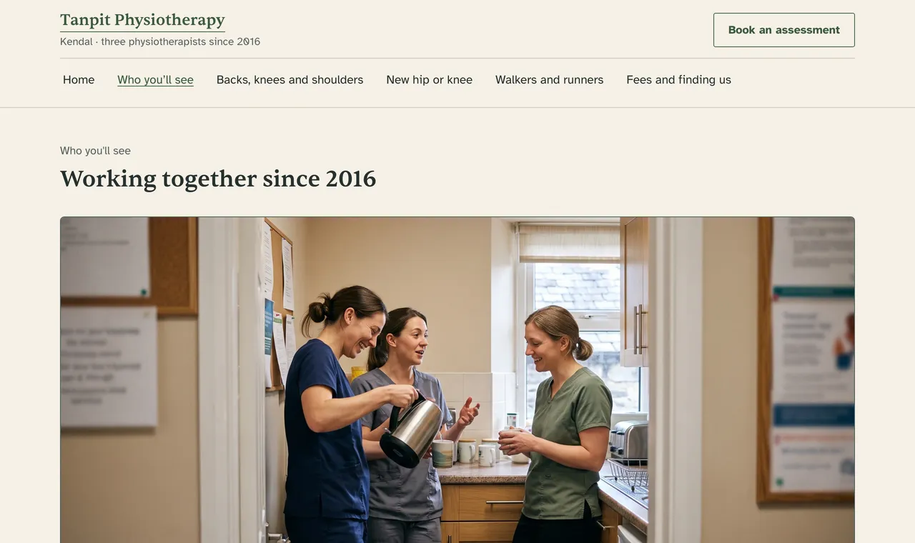 Top of the Who you’ll see page: Working together since 2016, and a photograph of the three physiotherapists in the kitchen between patients.
