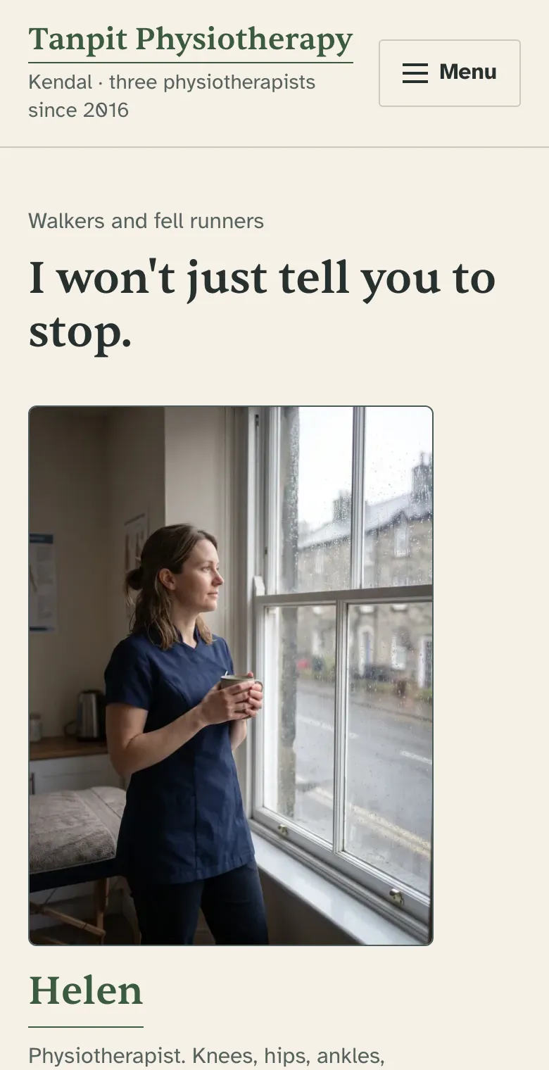 Helen’s page on a phone: Walkers and fell runners, the headline I won’t just tell you to stop, and Helen at the window.