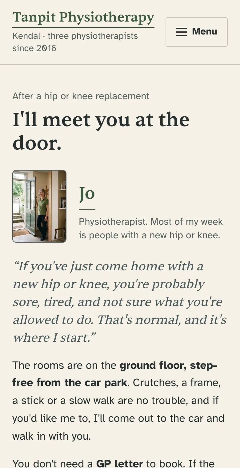 The new hip or knee page on a phone: Jo, the ground-floor step-free line, and the start of the sentence that you don’t need a GP letter to book.