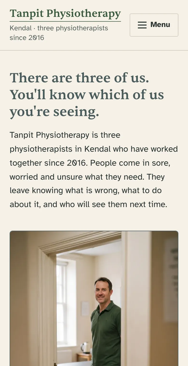 The example home page on a phone: the headline that you will know which of the three physiotherapists you are seeing, then Sam in his doorway.