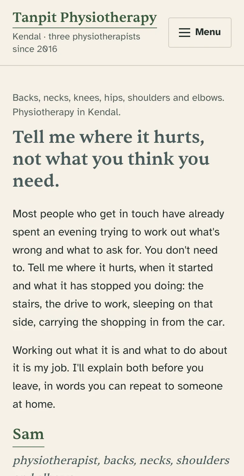 The problems page on a phone, opening on Tell me where it hurts, not what you think you need, with Sam named for backs, necks and shoulders.