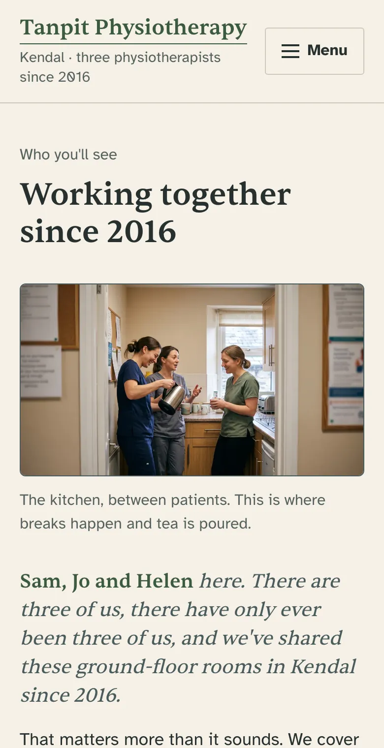 Who you’ll see on a phone: Working together since 2016, the kitchen photograph, and the line that the three have shared the ground-floor rooms in Kendal since 2016.