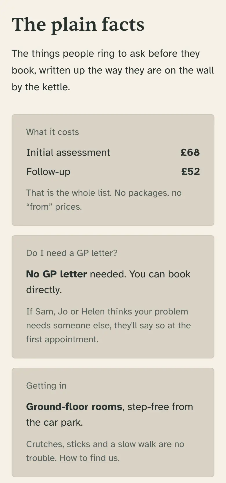 The same example site on a phone, open at the plain facts: initial assessment £68, follow-up £52, no GP letter needed, and ground-floor rooms that are step-free from the car park.