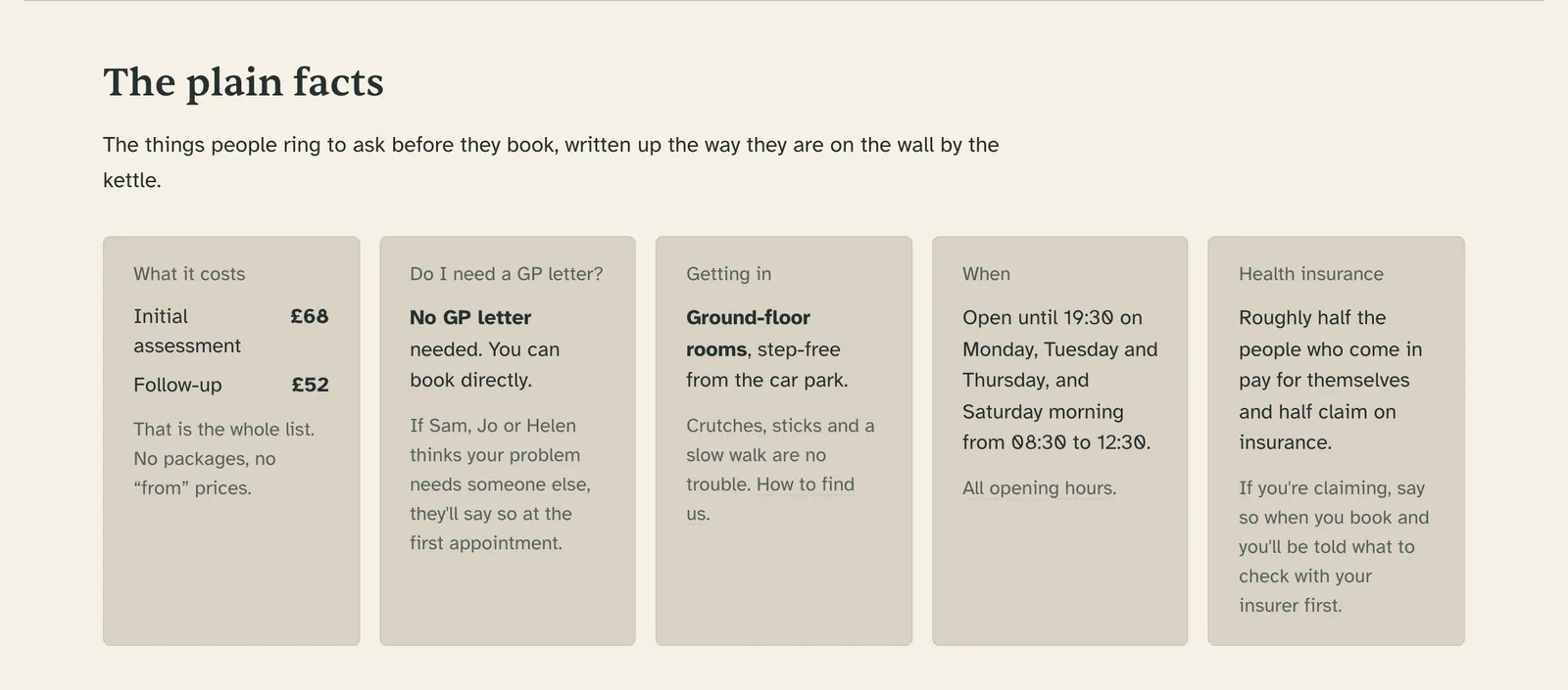The plain facts on the example home page, five cards: initial assessment £68 and follow-up £52 with no packages and no from prices; no GP letter needed, you can book directly; ground-floor rooms, step-free from the car park; open until 19:30 on Monday, Tuesday and Thursday and Saturday morning 08:30 to 12:30; and a line on health insurance.