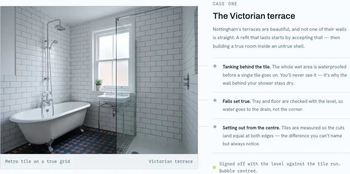 A crop of the fictional On the Level Victorian terrace bathroom case: metro tiles, tanking, falls and setting out.