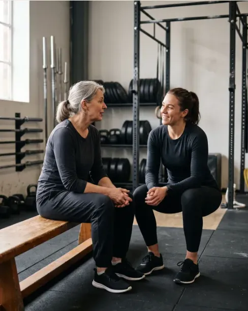 Two people talking on a bench in the fictional Shore Street Strength studio, before any lifting, with a rack behind them.