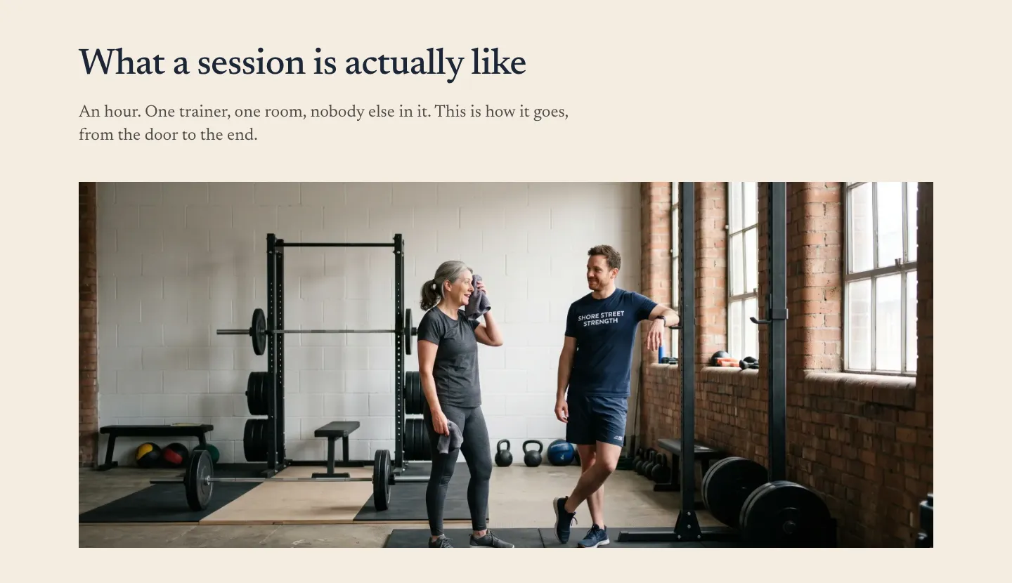 The opening of the fictional Shore Street Strength training page: the line that a session is an hour with one trainer and nobody else in the room, and a photograph of that room.