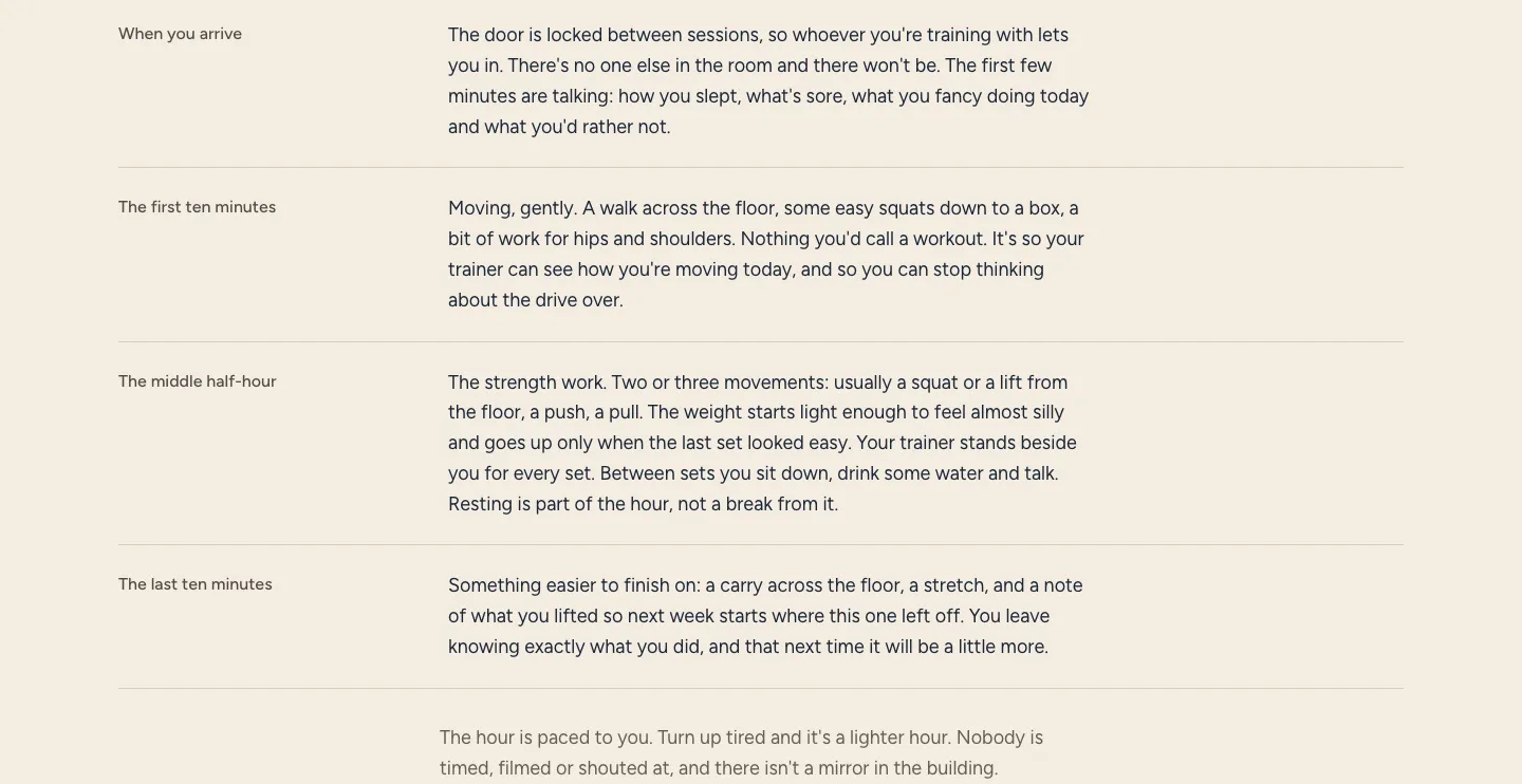 The fictional training page writes the hour in four steps: arrival, the first ten minutes, the middle half-hour, and the last ten minutes.