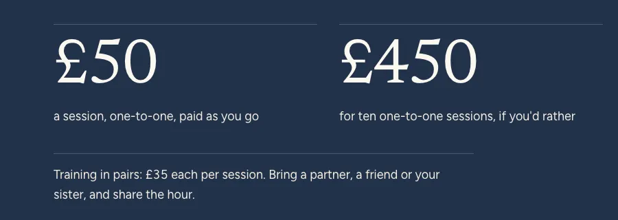 The fictional studio's prices: £50 for one session or £450 for ten, and £35 each for a pair.