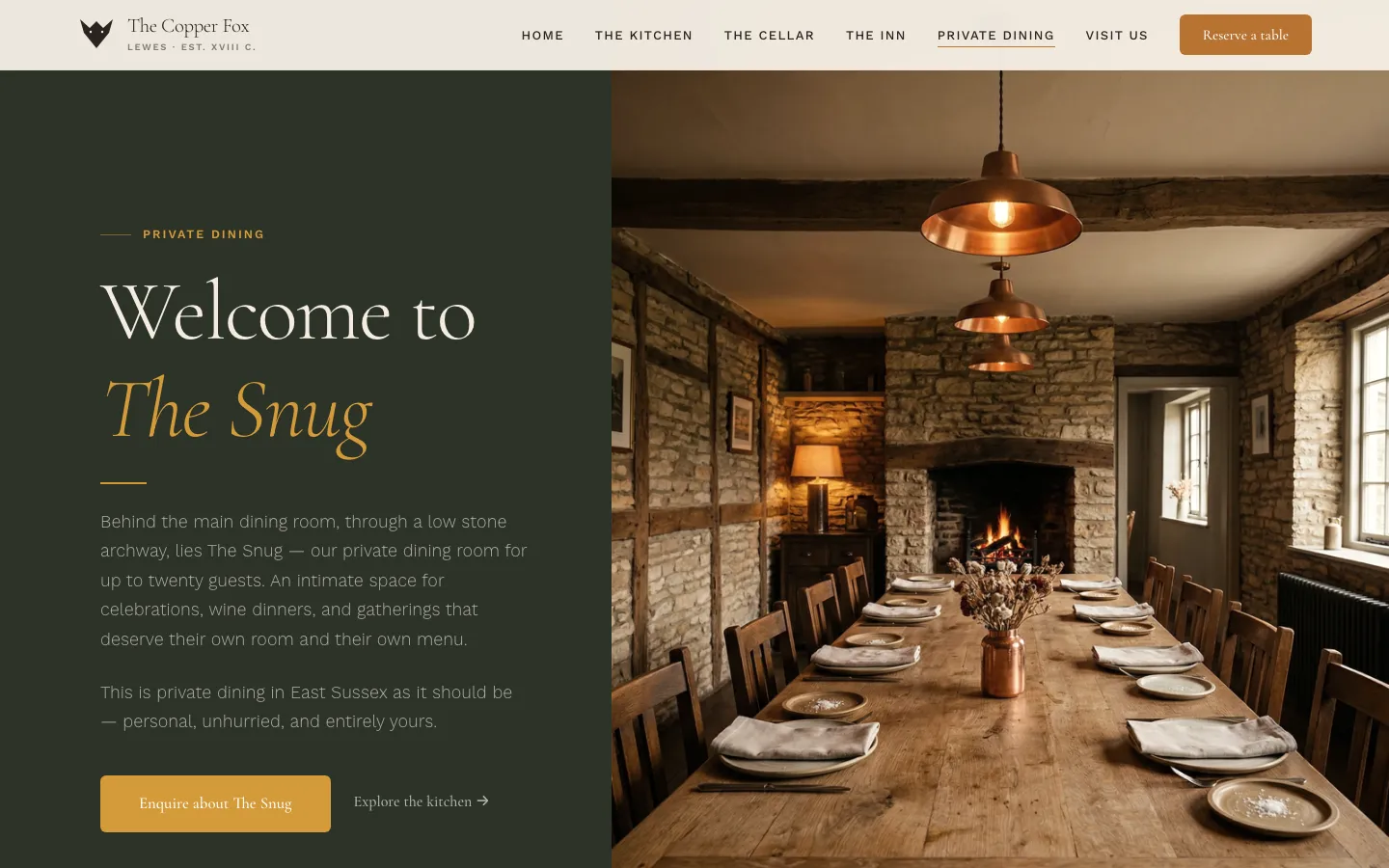 The Copper Fox private dining opening, which asks you to enquire before the menu prices.