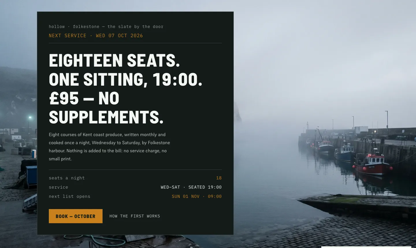Hollow, a fictional Folkestone restaurant: eighteen seats, one sitting at 19:00, £95 with no supplements, and a book button after that price.