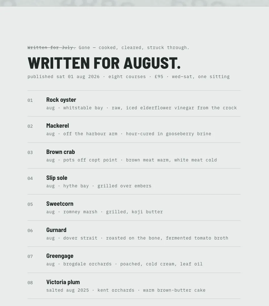 Hollow's August list of eight courses at £95, with July marked as gone.