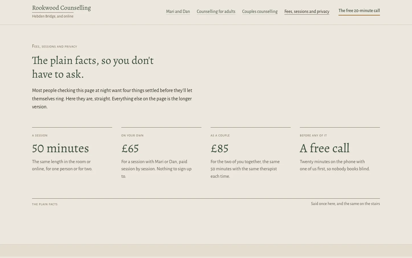 Fees screen of the fictional Rookwood example, headed The plain facts, with 50 minutes, £65, £85 and a free call.
