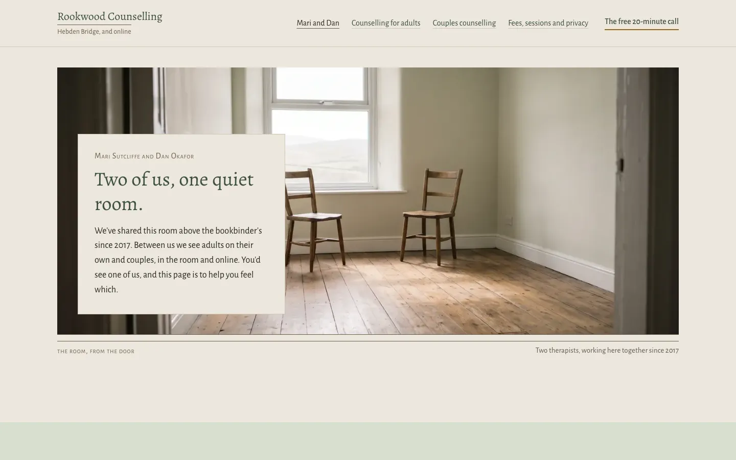 People screen of the fictional Rookwood example: two chairs by a window, and the line Two of us, one quiet room.