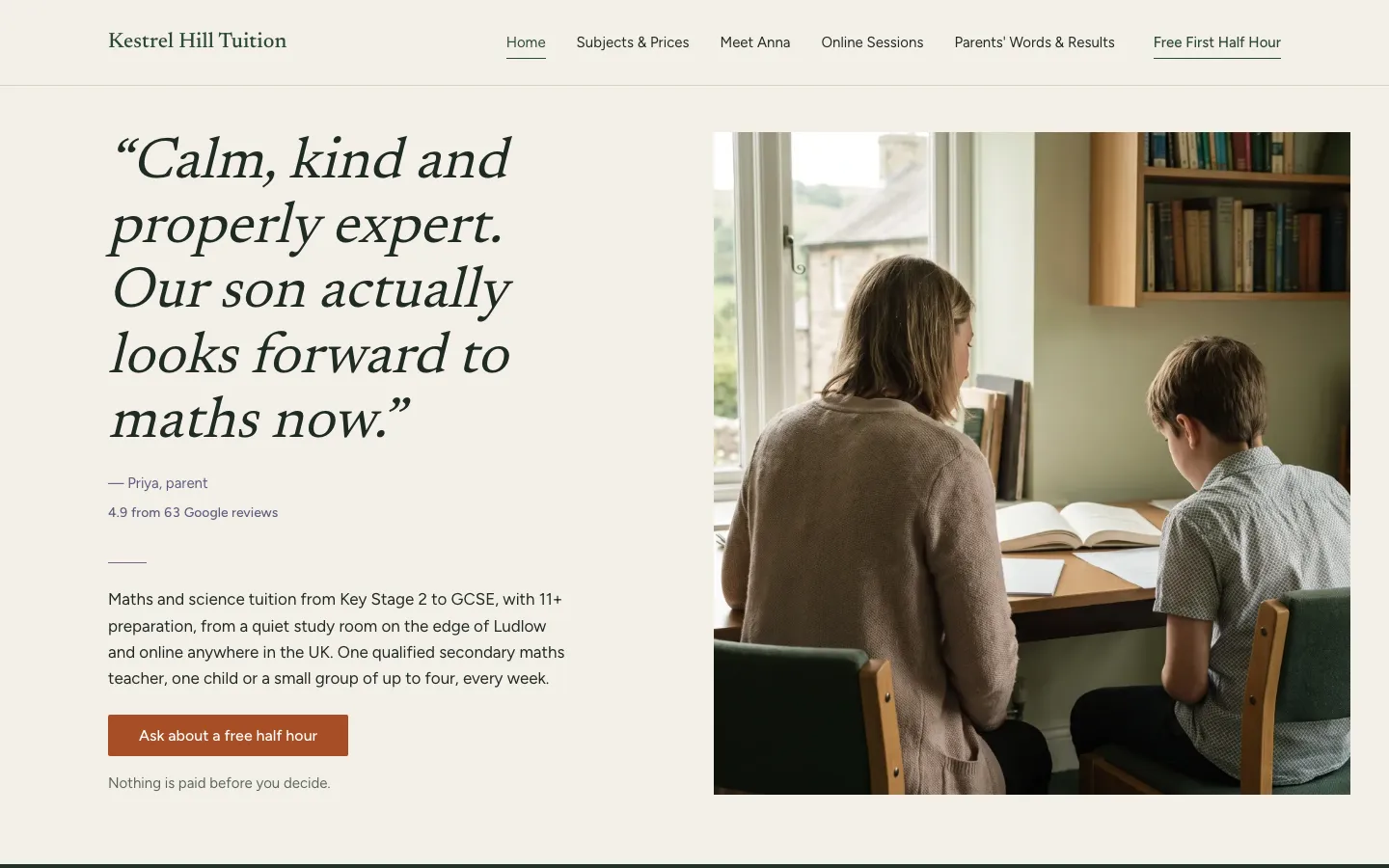 Kestrel Hill Tuition example website: a parent's quote at headline size beside a photograph of a lesson, with the Google rating
